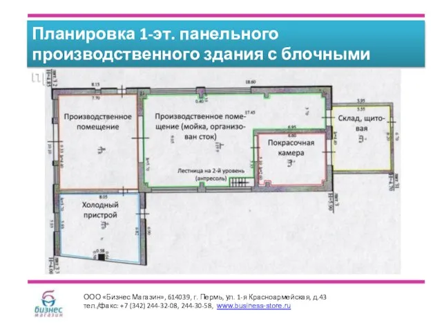 Планировка 1-эт. панельного производственного здания с блочными пристроями и антресолью. ООО «Бизнес