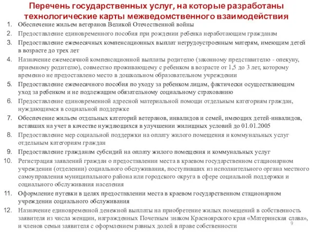 Перечень государственных услуг, на которые разработаны технологические карты межведомственного взаимодействия Обеспечение жильем