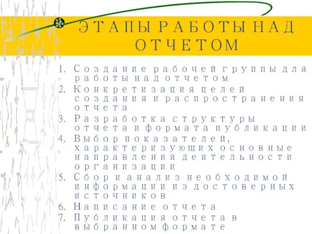 ЭТАПЫ РАБОТЫ НАД ОТЧЕТОМ Создание рабочей группы для работы над отчетом Конкретизация