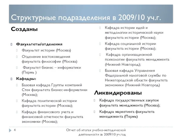 Структурные подразделения в 2009/10 уч.г. Отчет об итогах учебно-методической деятельности за 2009/10