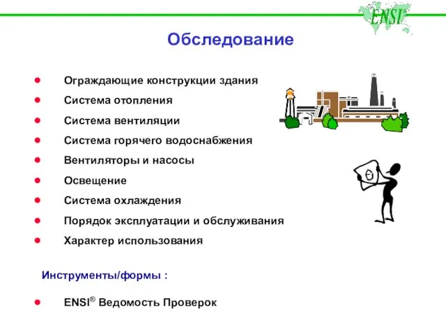 Обследование Ограждающие конструкции здания Система отопления Система вентиляции Система горячего водоснабжения Вентиляторы