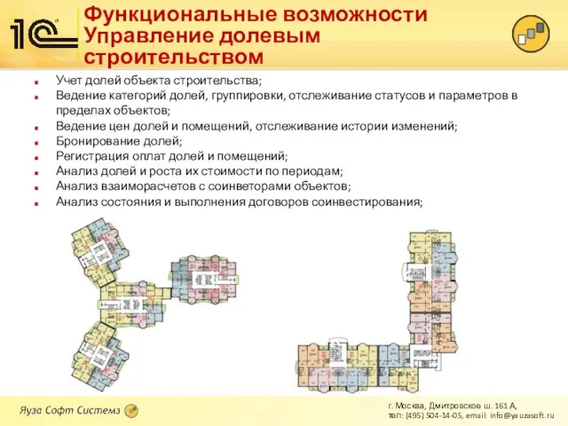 Функциональные возможности Управление долевым строительством Учет долей объекта строительства; Ведение категорий долей,