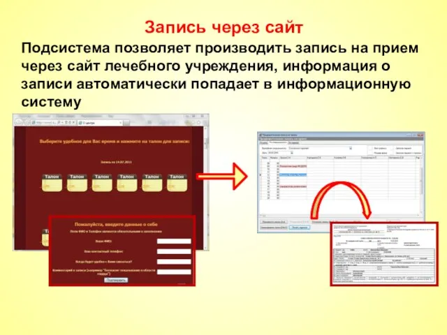 Запись через сайт Подсистема позволяет производить запись на прием через сайт лечебного