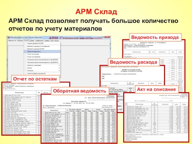 АРМ Склад АРМ Склад позволяет получать большое количество отчетов по учету материалов