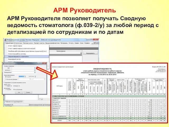 АРМ Руководитель АРМ Руководителя позволяет получать Сводную ведомость стоматолога (ф.039-2/у) за любой