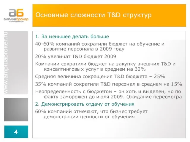 Основные сложности T&D структур 1. За меньшее делать больше 40-60% компаний сократили