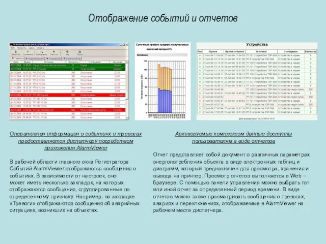 Отображение событий и отчетов Оперативная информация о событиях и тревогах предоставляется диспетчеру