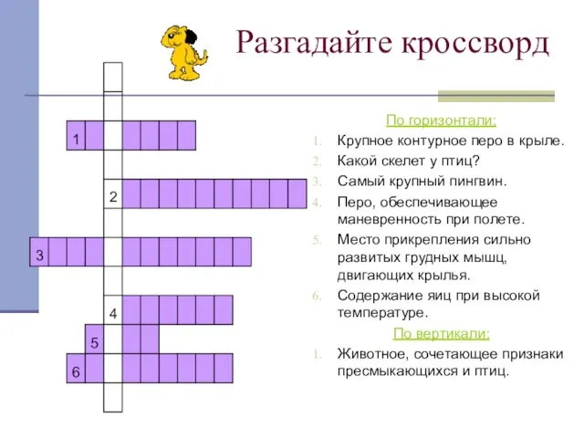 Разгадайте кроссворд По горизонтали: Крупное контурное перо в крыле. Какой скелет у