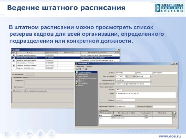 В штатном расписании можно просмотреть список резерва кадров для всей организации, определенного