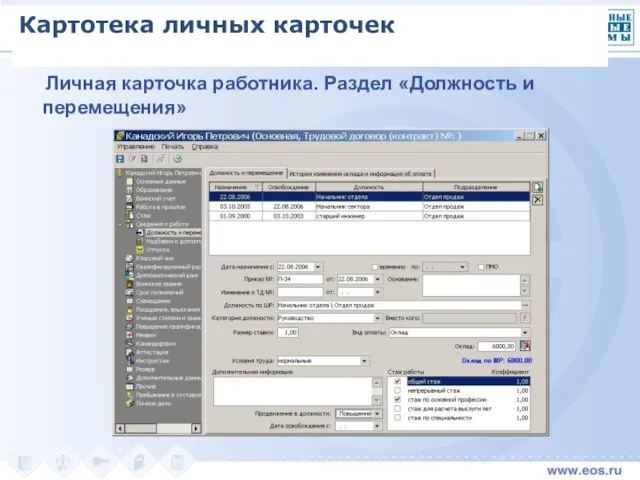 Личная карточка работника. Раздел «Должность и перемещения» Картотека личных карточек