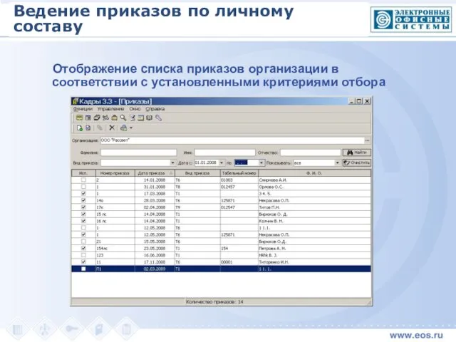 Отображение списка приказов организации в соответствии с установленными критериями отбора Ведение приказов по личному составу