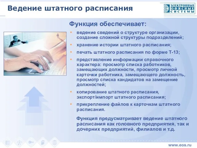 Функция обеспечивает: ведение сведений о структуре организации, создание сложной структуры подразделений; хранение