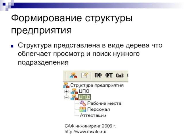 САФ инжиниринг 2006 г. http://www.msafe.ru/ Формирование структуры предприятия Структура представлена в виде
