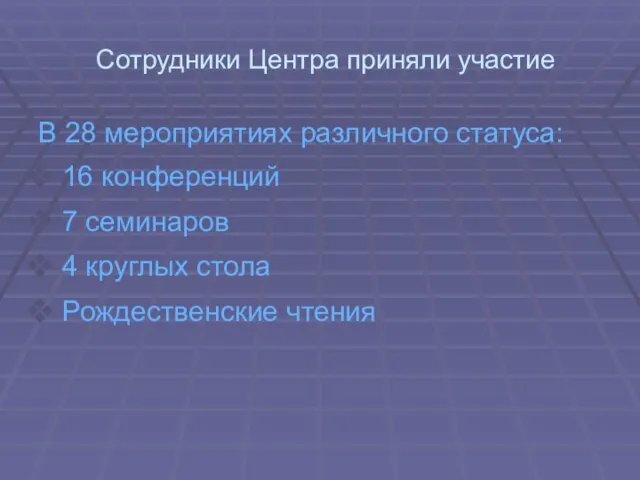 Сотрудники Центра приняли участие В 28 мероприятиях различного статуса: 16 конференций 7