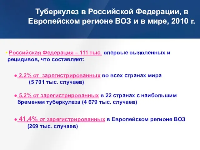 Туберкулез в Российской Федерации, в Европейском регионе ВОЗ и в мире, 2010