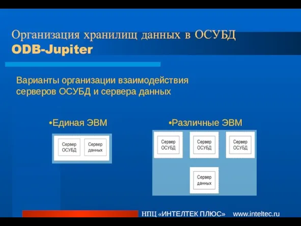 Организация хранилищ данных в ОСУБД ODB-Jupiter НПЦ «ИНТЕЛТЕК ПЛЮС» www.inteltec.ru Варианты организации