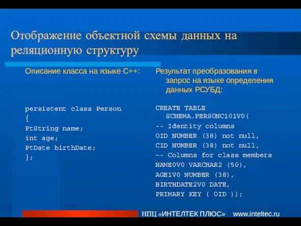 Отображение объектной схемы данных на реляционную структуру НПЦ «ИНТЕЛТЕК ПЛЮС» www.inteltec.ru Описание