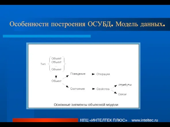 Особенности построения ОСУБД. Модель данных. НПЦ «ИНТЕЛТЕК ПЛЮС» www.inteltec.ru Основные элементы объектной модели