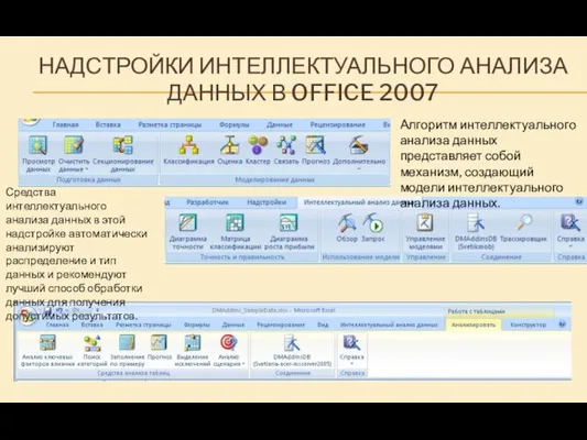 НАДСТРОЙКИ ИНТЕЛЛЕКТУАЛЬНОГО АНАЛИЗА ДАННЫХ В OFFICE 2007 Алгоритм интеллектуального анализа данных представляет