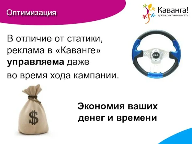 Оптимизация В отличие от статики, реклама в «Каванге» управляема даже во время