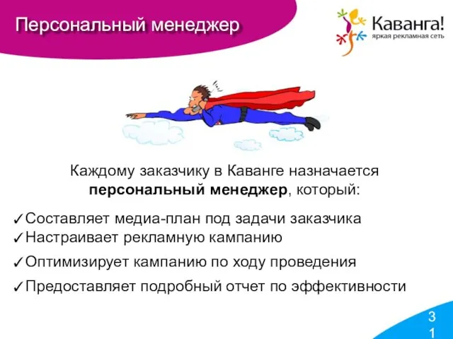 Персональный менеджер Каждому заказчику в Каванге назначается персональный менеджер, который: Составляет медиа-план