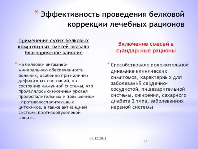 Эффективность проведения белковой коррекции лечебных рационов Применение сухих белковых композитных смесей оказало