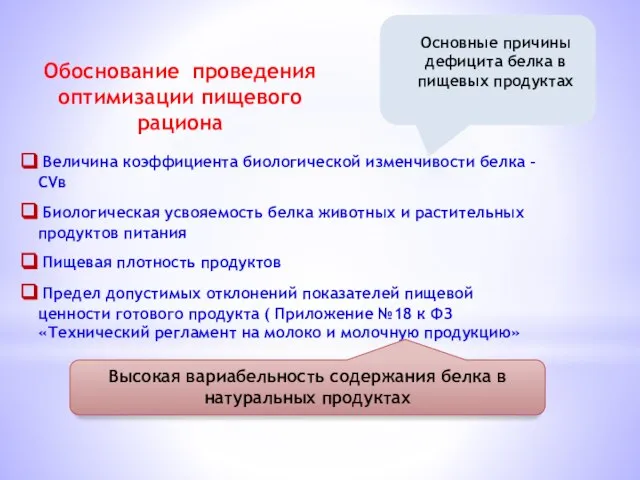 Основные причины дефицита белка в пищевых продуктах Величина коэффициента биологической изменчивости белка