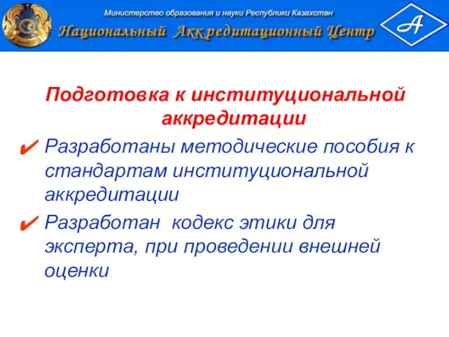 Подготовка к институциональной аккредитации Разработаны методические пособия к стандартам институциональной аккредитации Разработан