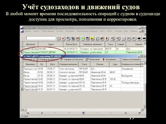 Учёт судозаходов и движений судов В любой момент времени последовательность операций с