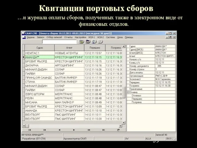 Квитанции портовых сборов …и журнала оплаты сборов, полученных также в электронном виде от финансовых отделов.