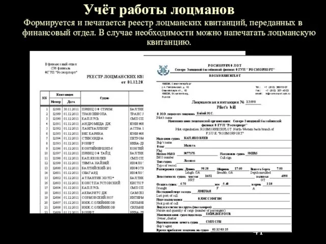 Учёт работы лоцманов Формируется и печатается реестр лоцманских квитанций, переданных в финансовый
