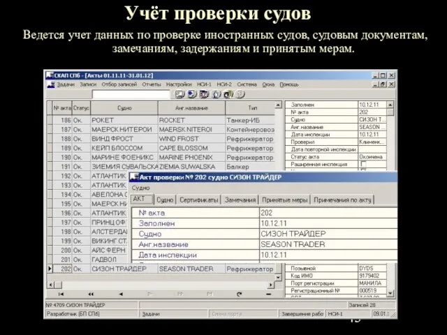 Учёт проверки судов Ведется учет данных по проверке иностранных судов, судовым документам,