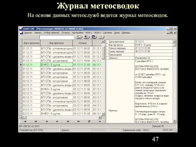 Журнал метеосводок На основе данных метеослужб ведется журнал метеосводок.