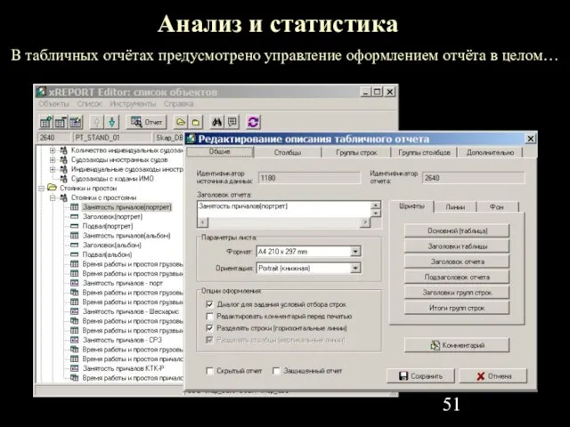 Анализ и статистика В табличных отчётах предусмотрено управление оформлением отчёта в целом…