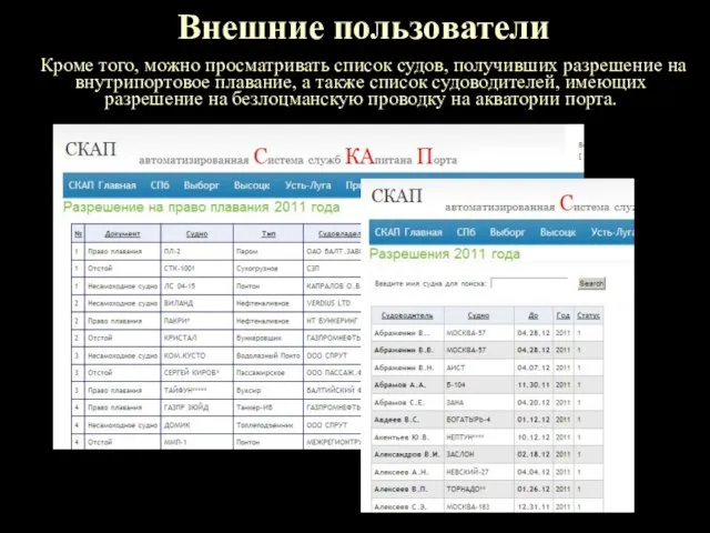 Кроме того, можно просматривать список судов, получивших разрешение на внутрипортовое плавание, а