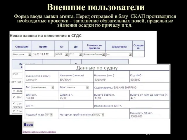 Внешние пользователи Форма ввода заявки агента. Перед отправкой в базу СКАП производятся