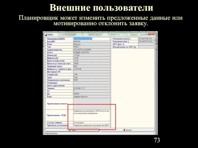 Внешние пользователи Планировщик может изменить предложенные данные или мотивированно отклонить заявку.