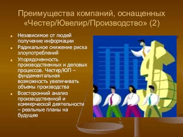 Преимущества компаний, оснащенных «Честер/Ювелир/Производство» (2) Независимое от людей получение информации Радикальное снижение