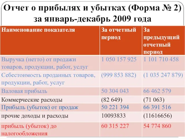 Отчет о прибылях и убытках (Форма № 2) за январь-декабрь 2009 года