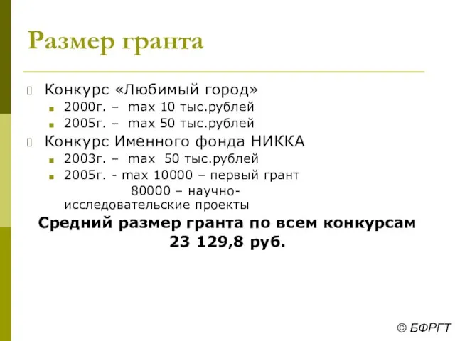Размер гранта Конкурс «Любимый город» 2000г. – max 10 тыс.рублей 2005г. –