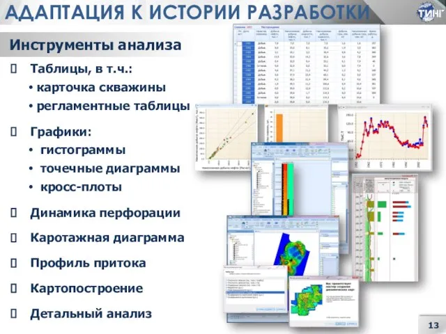 АДАПТАЦИЯ К ИСТОРИИ РАЗРАБОТКИ Инструменты анализа Таблицы, в т.ч.: карточка скважины регламентные