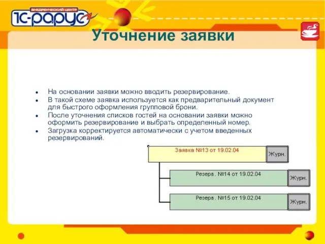 Уточнение заявки На основании заявки можно вводить резервирование. В такой схеме заявка