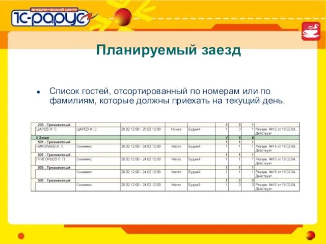 Планируемый заезд Список гостей, отсортированный по номерам или по фамилиям, которые должны приехать на текущий день.