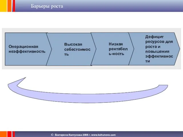 Барьеры роста Операционная неэффективность Дефицит ресурсов для роста и повышения эффективности Высокая себестоимость Низкая рентабель-ность