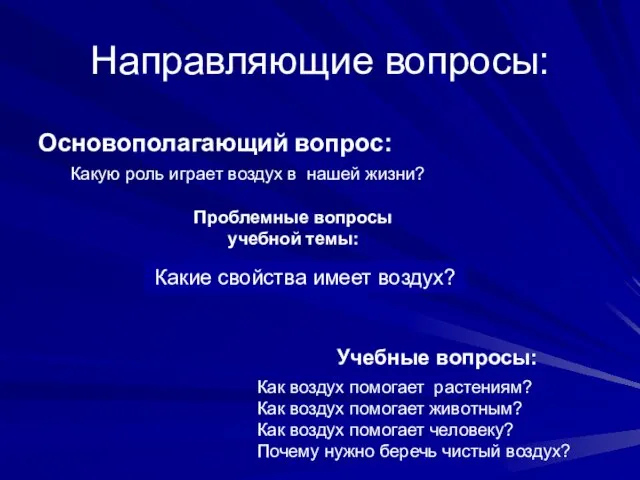 Направляющие вопросы: Основополагающий вопрос: Какую роль играет воздух в нашей жизни? Проблемные