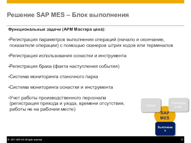 Решение SAP MES – Блок выполнения Функциональные задачи (АРМ Мастера цеха): Регистрация