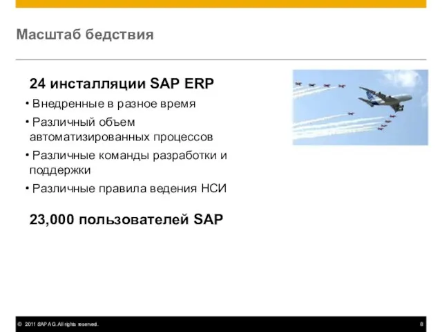 Масштаб бедствия 24 инсталляции SAP ERP Внедренные в разное время Различный объем