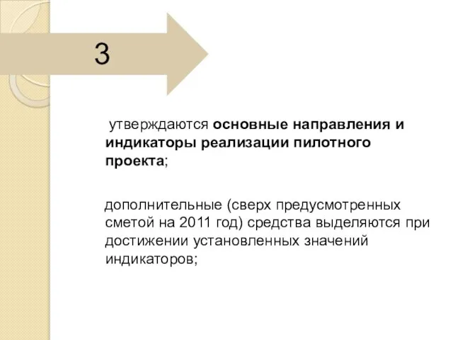 утверждаются основные направления и индикаторы реализации пилотного проекта; дополнительные (сверх предусмотренных сметой