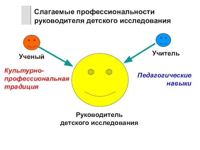 Слагаемые профессиональности руководителя детского исследования Ученый Учитель Руководитель детского исследования Культурно-профессиональная традиция Педагогические навыки