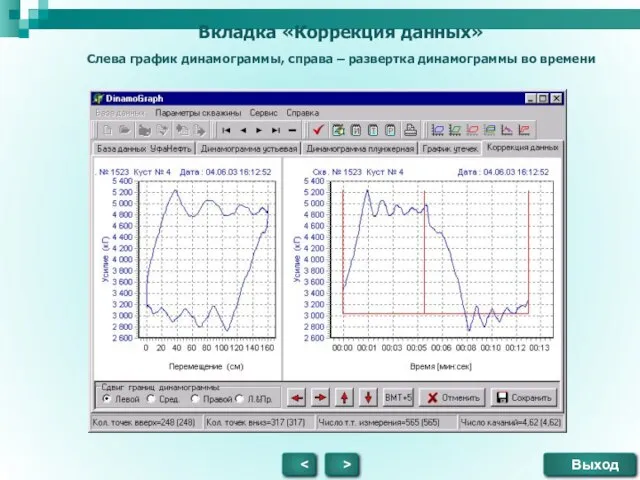 Вкладка «Коррекция данных» Слева график динамограммы, справа – развертка динамограммы во времени > Выход